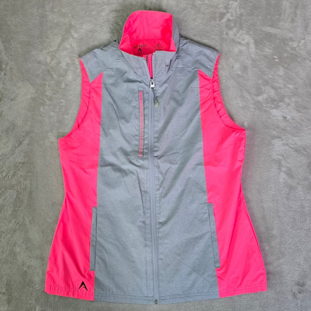 Antigua Womens Golf Vest Grey‎ Neon Pink Full Zip Mesh Lined Size M
